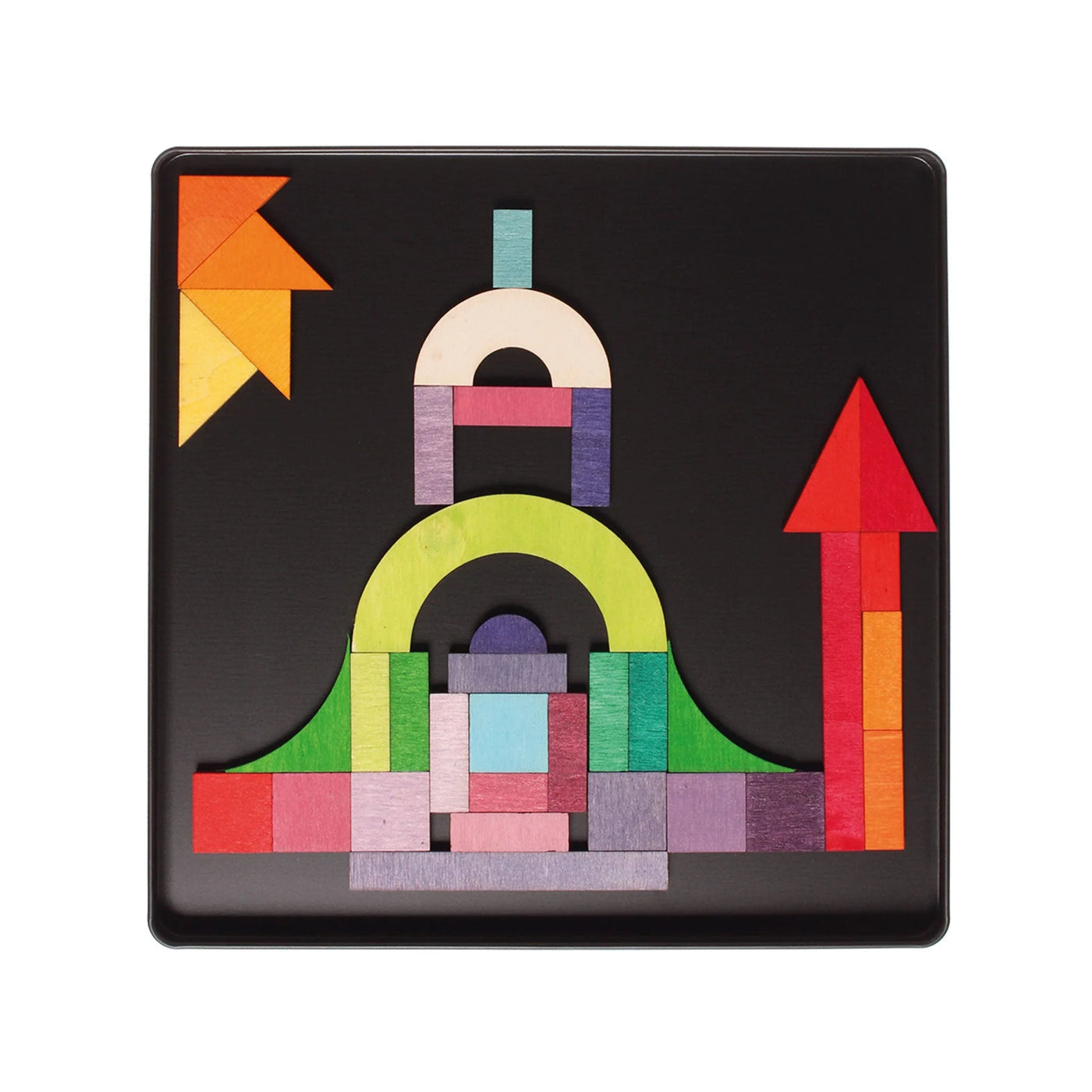 Grimms Magnetic Puzzle Graphic Shapes – 59 colorful wooden magnetic pieces in metal box, perfect for creative pattern design and play