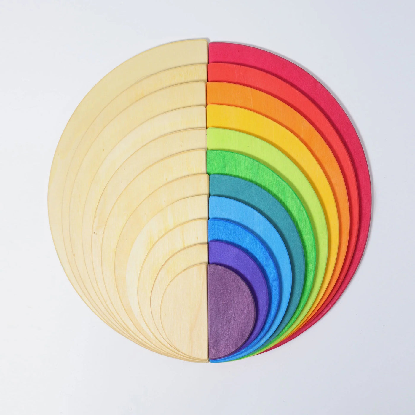 Grimms Rainbow Semicircles – colorful wooden building set with 11 birch plywood pieces, ideal for imaginative construction and open-ended play