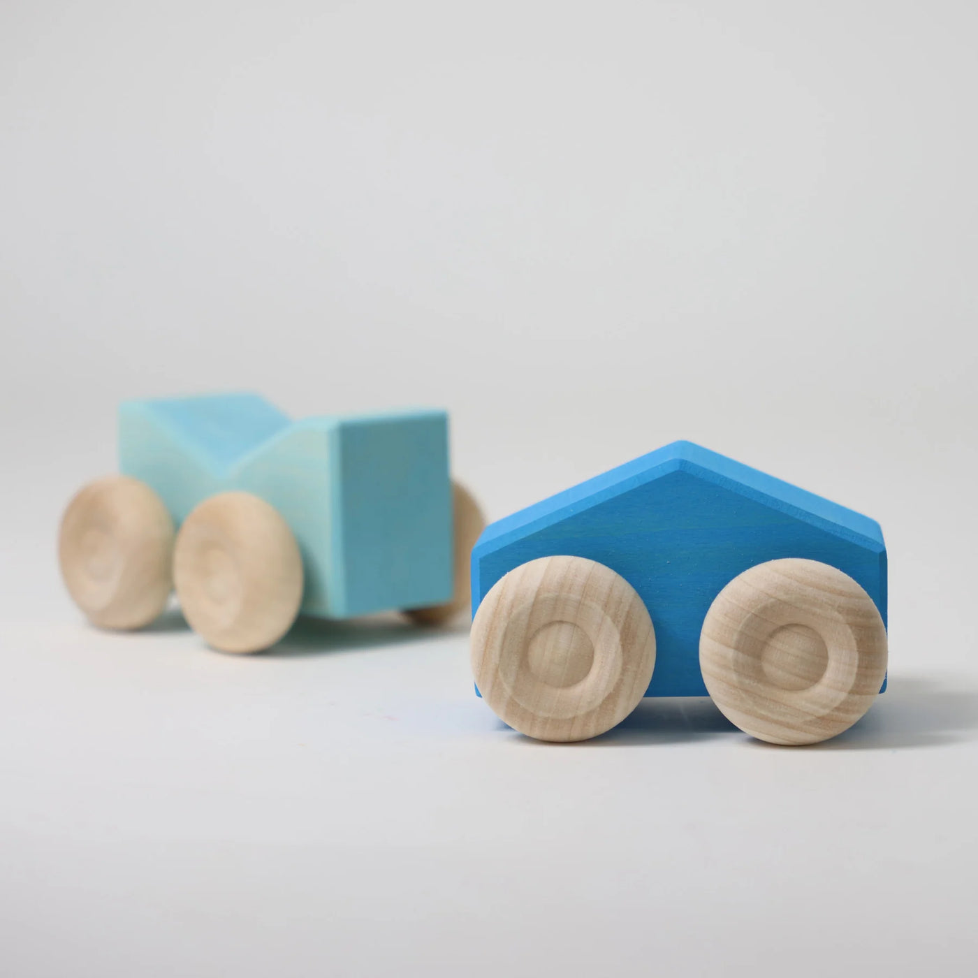 Grimms Stacking Car Blue – handcrafted wooden toy car made from linden and maple wood, combines stacking and rolling play