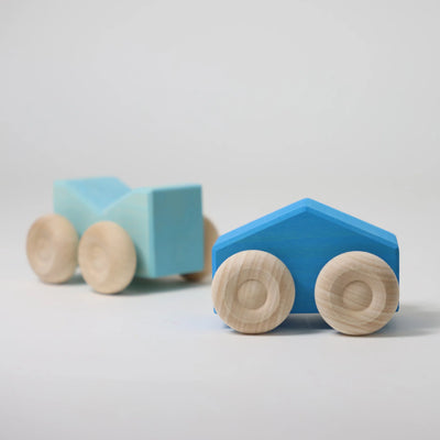 Grimms Stacking Car Blue – handcrafted wooden toy car made from linden and maple wood, combines stacking and rolling play