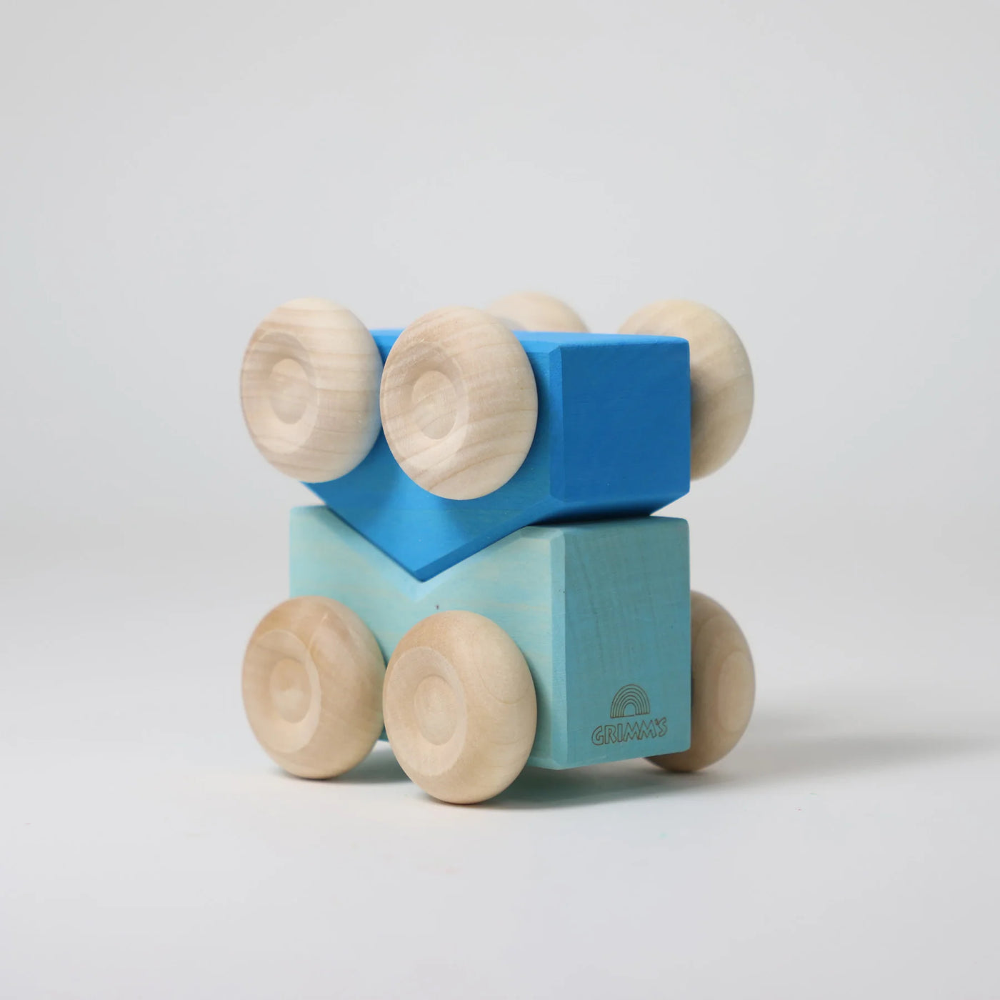 Grimms Stacking Car Blue – handcrafted wooden toy car made from linden and maple wood, combines stacking and rolling play