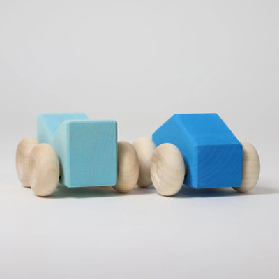 Grimms Stacking Car Blue – handcrafted wooden toy car made from linden and maple wood, combines stacking and rolling play