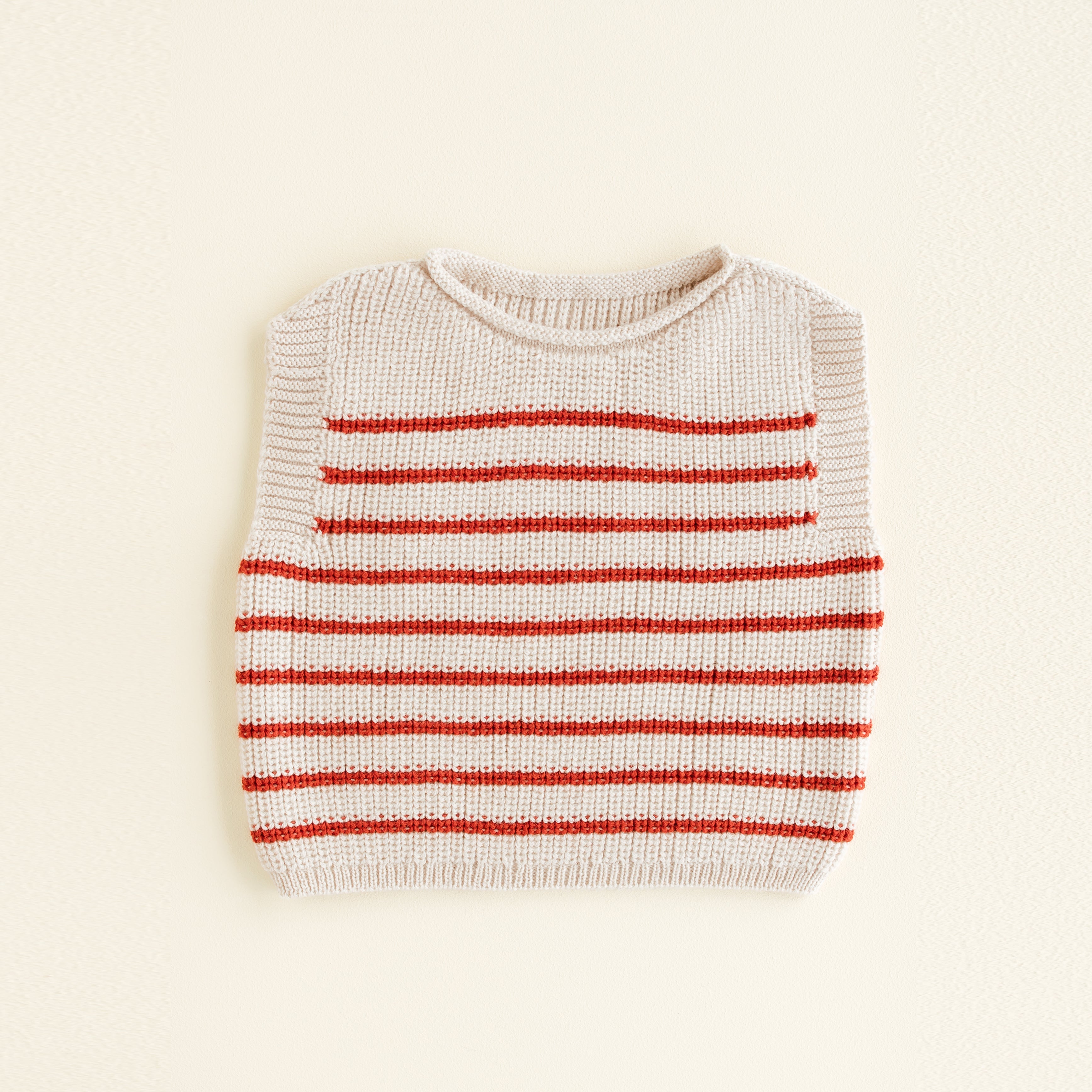 HVID seamless knitted baby vest in extra fine Italian merino wool with a unique stretch collar design for easy dressing in cream with a fine red stripe