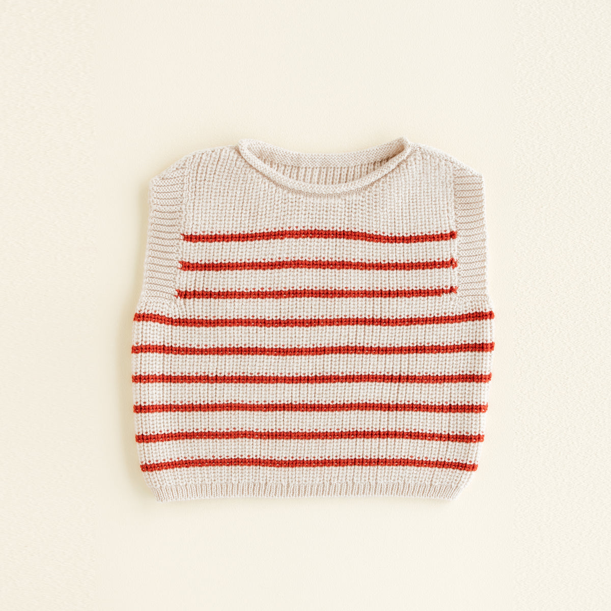 HVID seamless knitted baby vest in extra fine Italian merino wool with a unique stretch collar design for easy dressing in cream with a fine red stripe