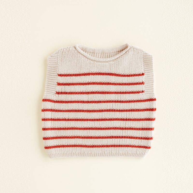 HVID seamless knitted baby vest in extra fine Italian merino wool with a unique stretch collar design for easy dressing in cream with a fine red stripe
