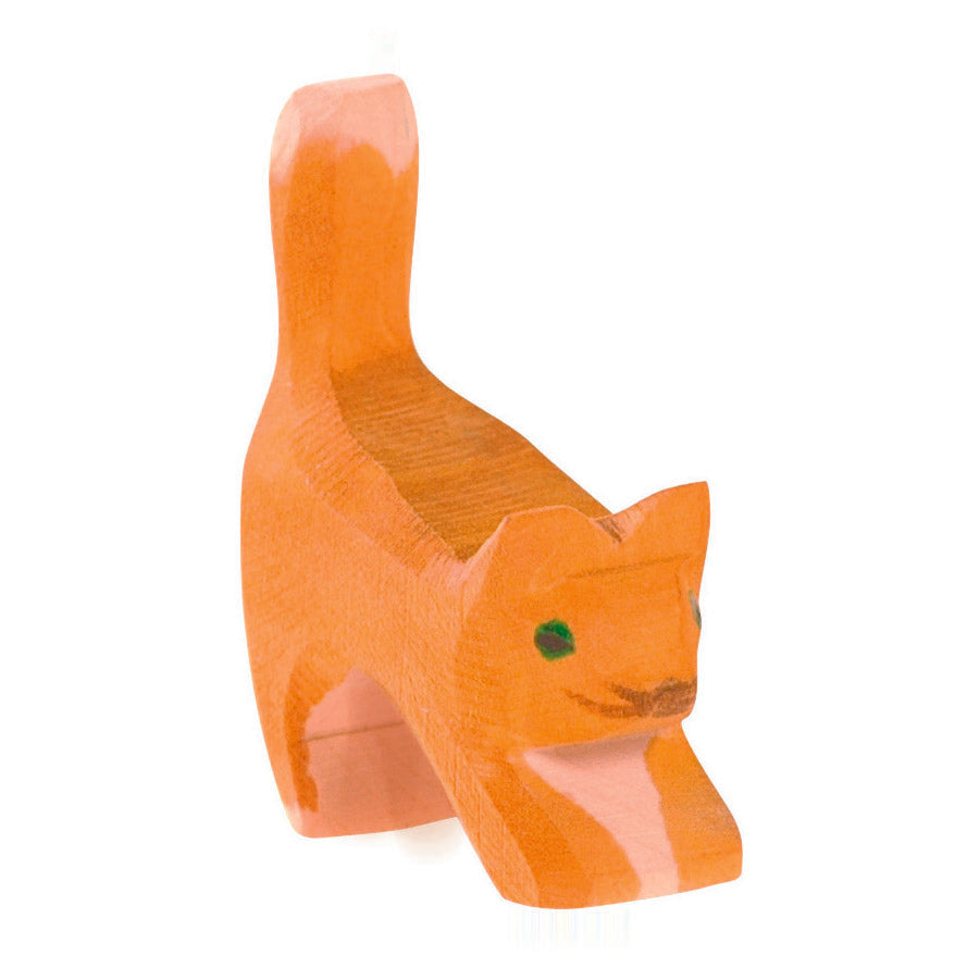 Handcrafted wooden red tabby cat from Ostheimer, perfect for imaginative play and storytelling, with siblings in gray and spotted designs