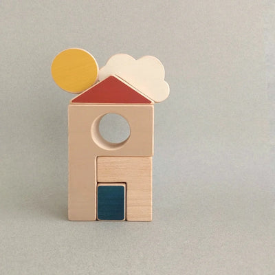 House and Sun Puzzle Toy handcrafted from FSC-certified beech wood with non-toxic paints. Minimalist design with interchangeable shapes to inspire imaginative play and storytelling.