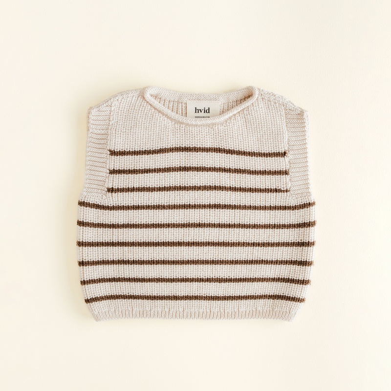 Hvid Vest Harvey in Baby Cream / Mocha – soft merino wool baby vest, seamlessly knitted in Belgium with a flexible neckline for easy dressing and all-day comfort.