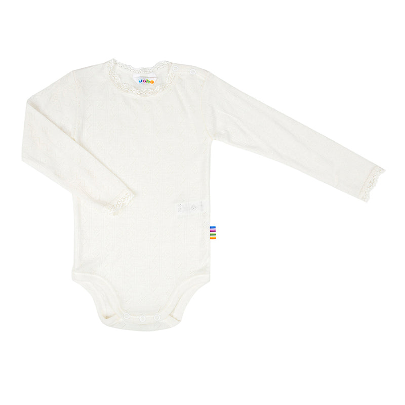Off-white wool silk baby body long sleeves with delicate pointelle knit and lace trim – breathable and soft Scandinavian babywear by Joha