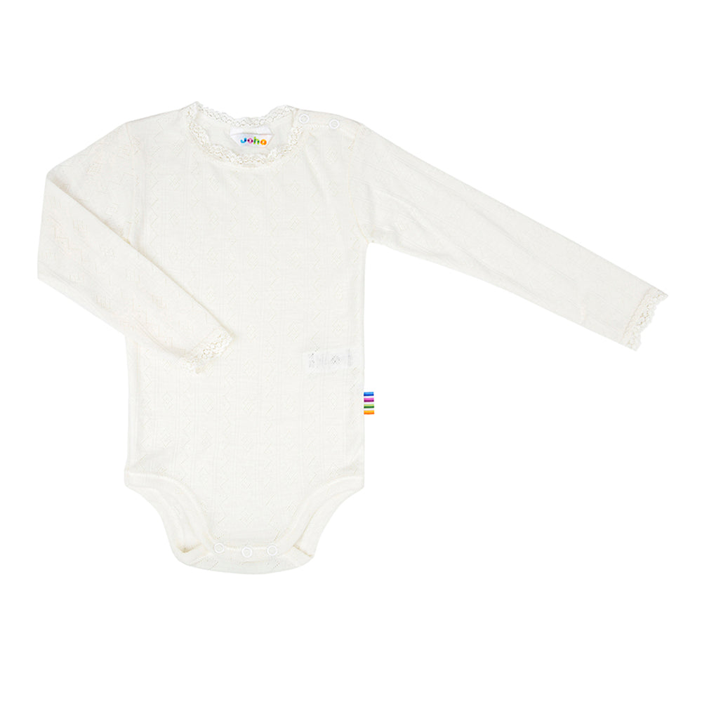 Off-white wool silk baby body long sleeves with delicate pointelle knit and lace trim – breathable and soft Scandinavian babywear by Joha