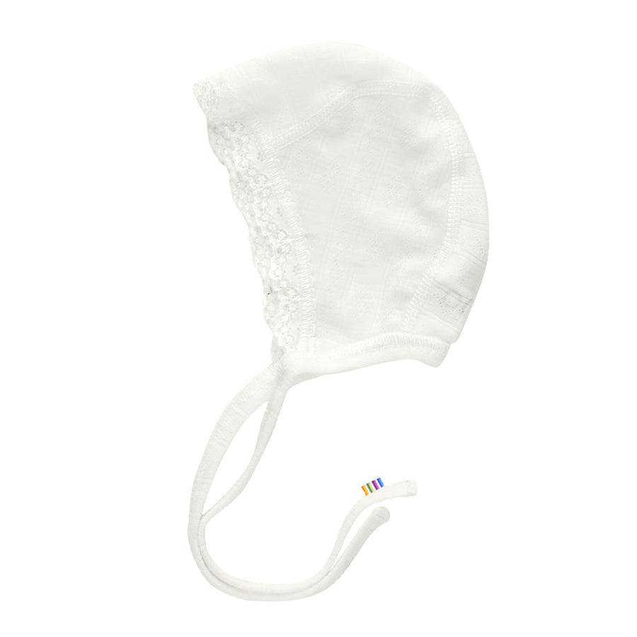 Joha Pointelle Wool Silk Baby Bonnet – in off white wool and silk blend with lace trim – breathable and gentle baby hat