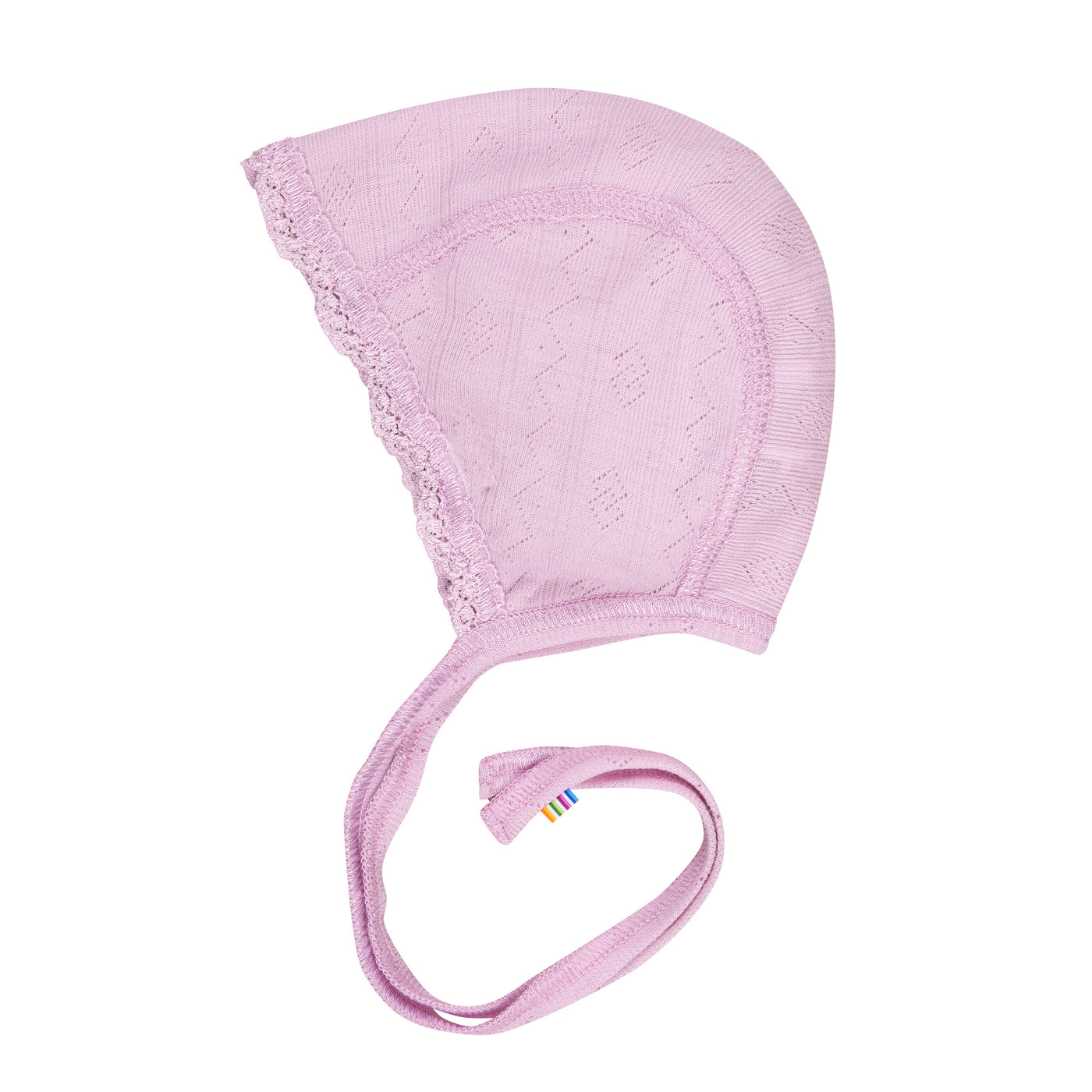 Joha Pointelle Wool Silk Baby Bonnet – in prim rose wool and silk blend with lace trim – breathable and gentle baby hat