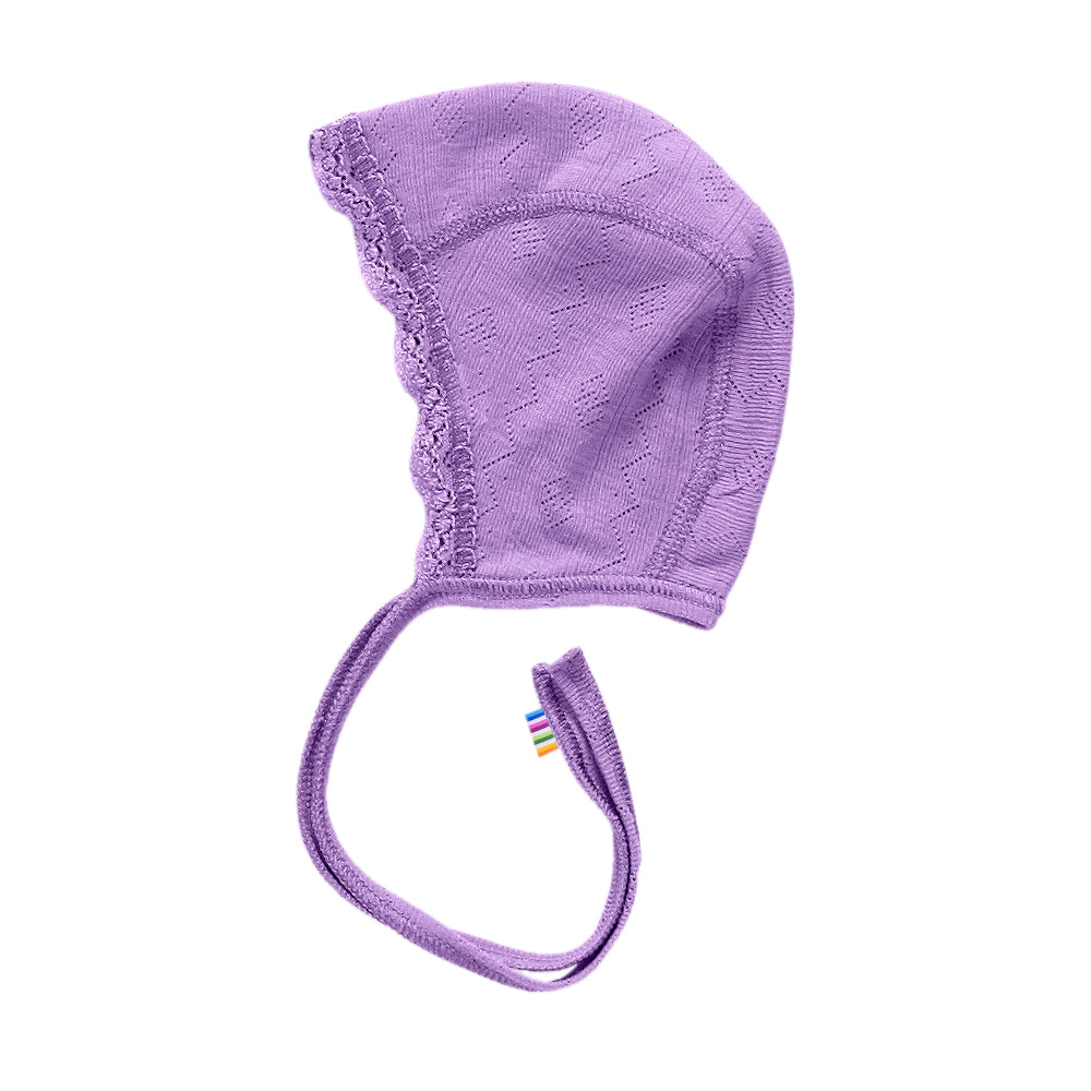 Joha Pointelle Wool Silk Baby Bonnet – in purple wool and silk blend with lace trim – breathable and gentle baby hat