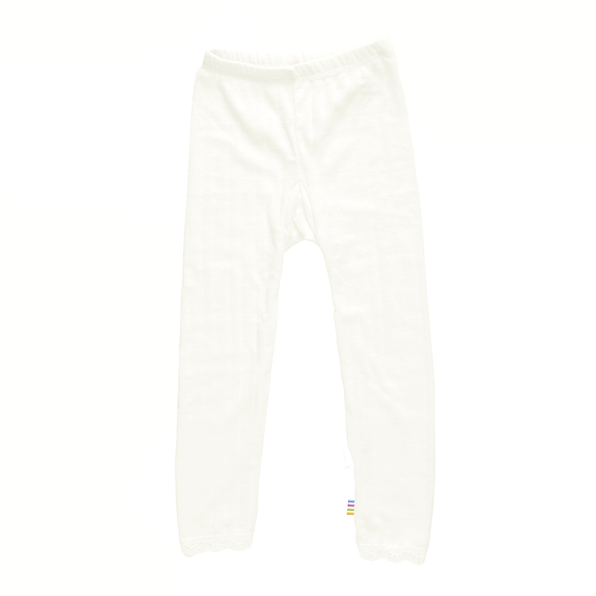 Soft off-white baby legging made from wool and silk blend with pointelle knit and lace trim – Joha Scandinavian babywear