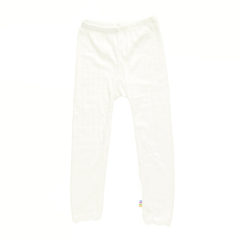 Soft off-white baby legging made from wool and silk blend with pointelle knit and lace trim – Joha Scandinavian babywear