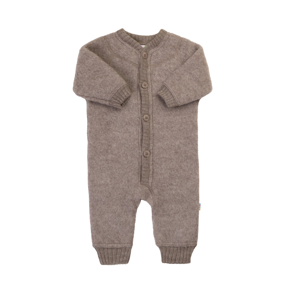 Joha baby wool fleece overall in sesame made from organic merino wool with knitted cuffs and front button closure