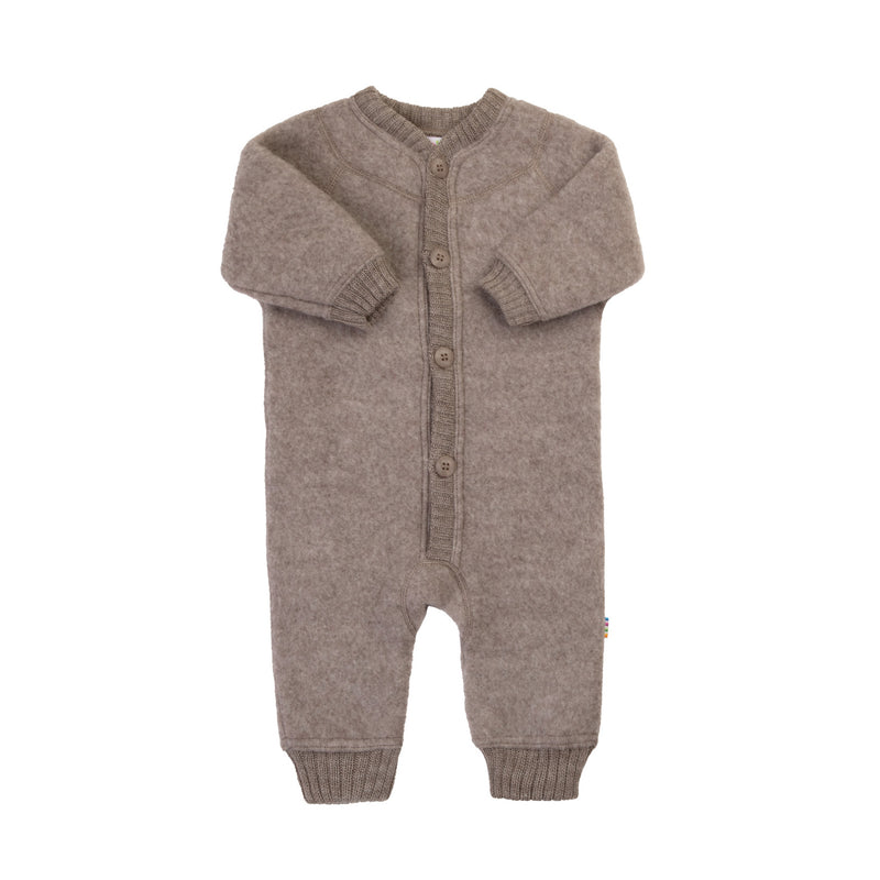 Joha baby wool fleece overall in sesame made from organic merino wool with knitted cuffs and front button closure