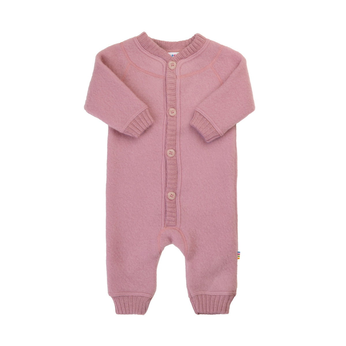 Joha baby wool fleece overall in sesame made from organic merino wool with knitted cuffs and front button closure