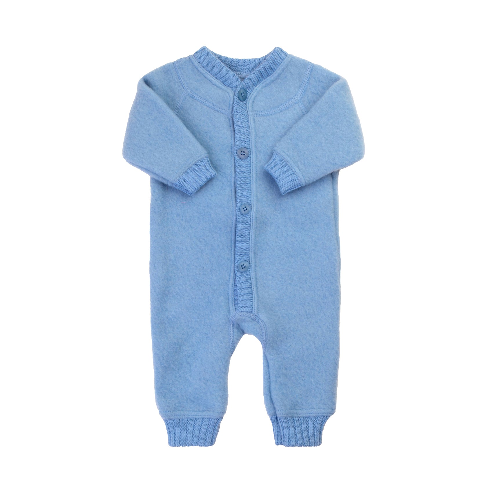 Joha baby wool fleece overall in blue made from organic merino wool with knitted cuffs and front button closure