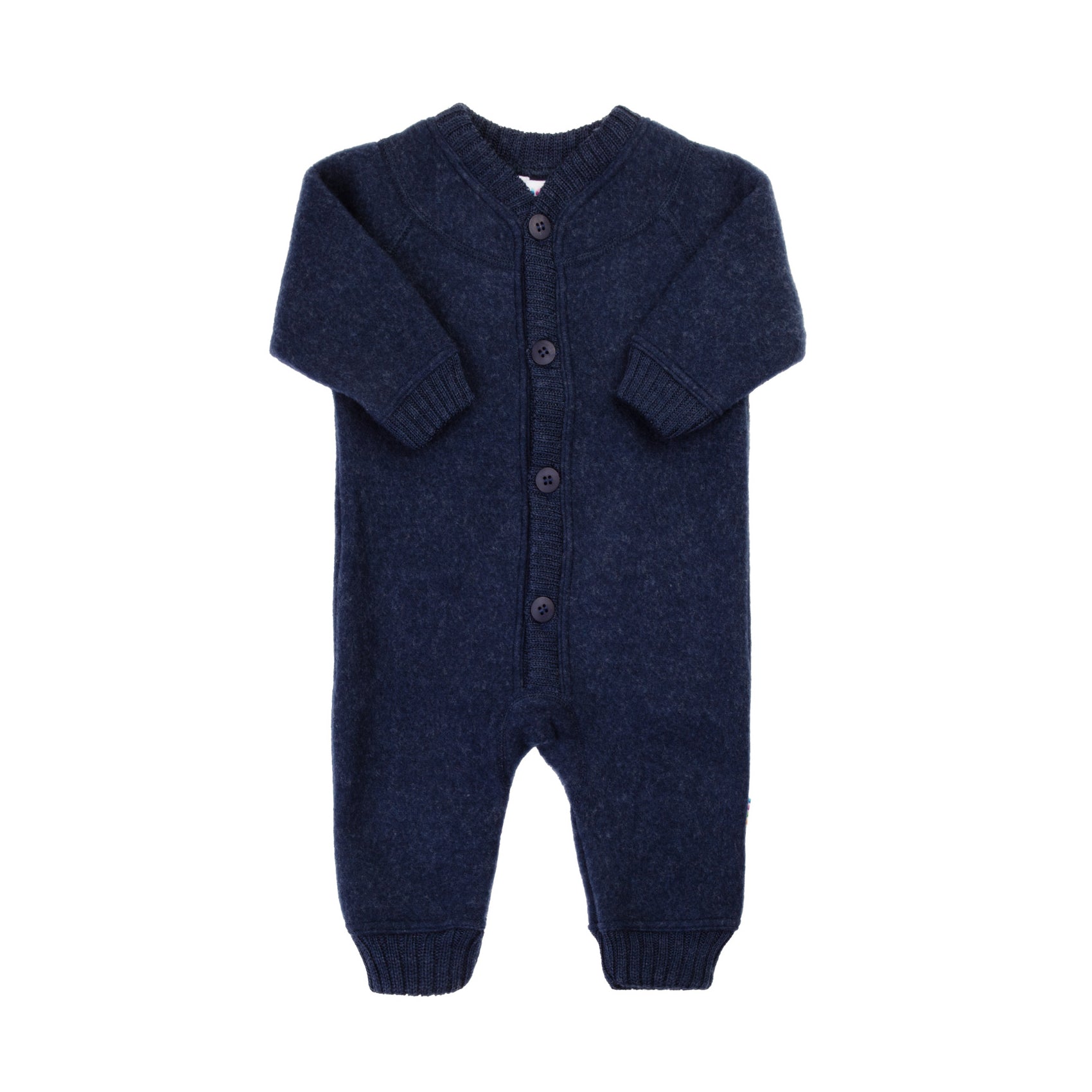 Joha baby wool fleece overall in dark blue made from organic merino wool with knitted cuffs and front button closure