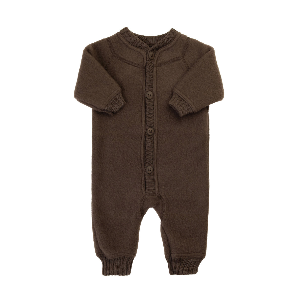 Joha baby wool fleece overall in dark brown made from organic merino wool with knitted cuffs and front button closure