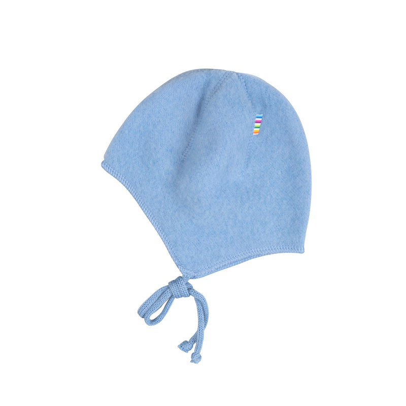 bright blue colored wool hat, bonnet shape for babies by Joha, soft double-layered design with snug fit