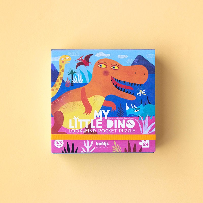 24-piece Jurassic World pocket puzzle for kids, featuring T-Rex, triceratops, and pterodactyls – portable and made in Barcelona
