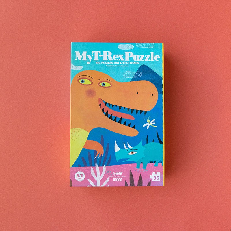 My T-Rex Puzzle by Londji, a 36-piece dinosaur-themed puzzle for kids aged 3 to 6, featuring a T-Rex and other prehistoric creatures, made with high-quality materials.