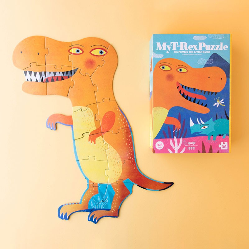 My T-Rex Puzzle by Londji, a 36-piece dinosaur-themed puzzle for kids aged 3 to 6, featuring a T-Rex and other prehistoric creatures, made with high-quality materials.