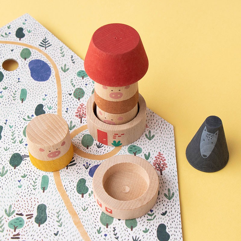 3 Little Pigs wooden toy made from sustainable beech wood, hand-painted in Catalonia, promotes storytelling, creativity, and educational play for children.