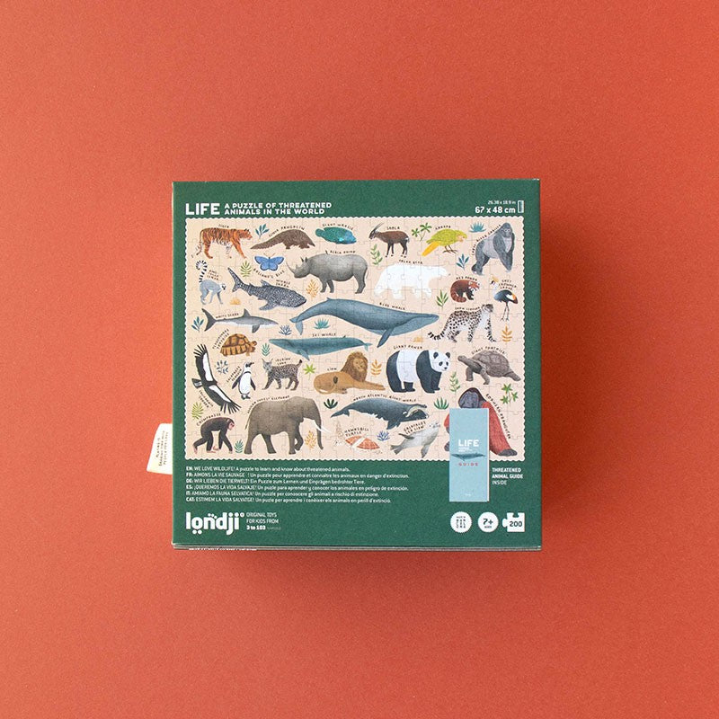 Londji Life Puzzle 200-piece eco-friendly wildlife puzzle about endangered animals, made in Barcelona, illustrated by Nathalie Ouederni.