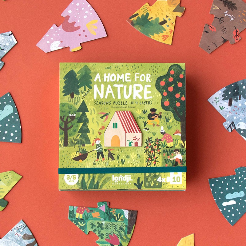 Londji A Home for Nature Puzzle seasonal layered puzzle with 4 x 10 pieces and wooden cabin, eco-friendly and made in Barcelona.