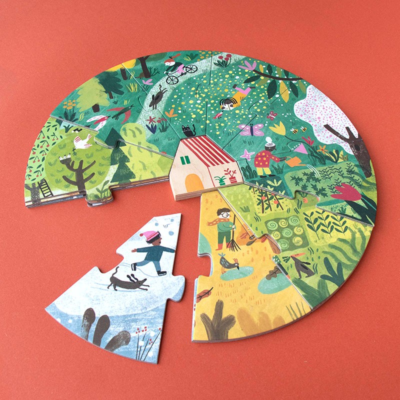 Londji A Home for Nature Puzzle seasonal layered puzzle with 4 x 10 pieces and wooden cabin, eco-friendly and made in Barcelona.