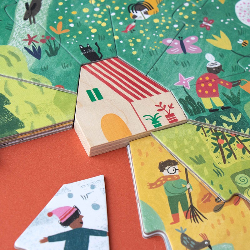 Londji A Home for Nature Puzzle seasonal layered puzzle with 4 x 10 pieces and wooden cabin, eco-friendly and made in Barcelona.