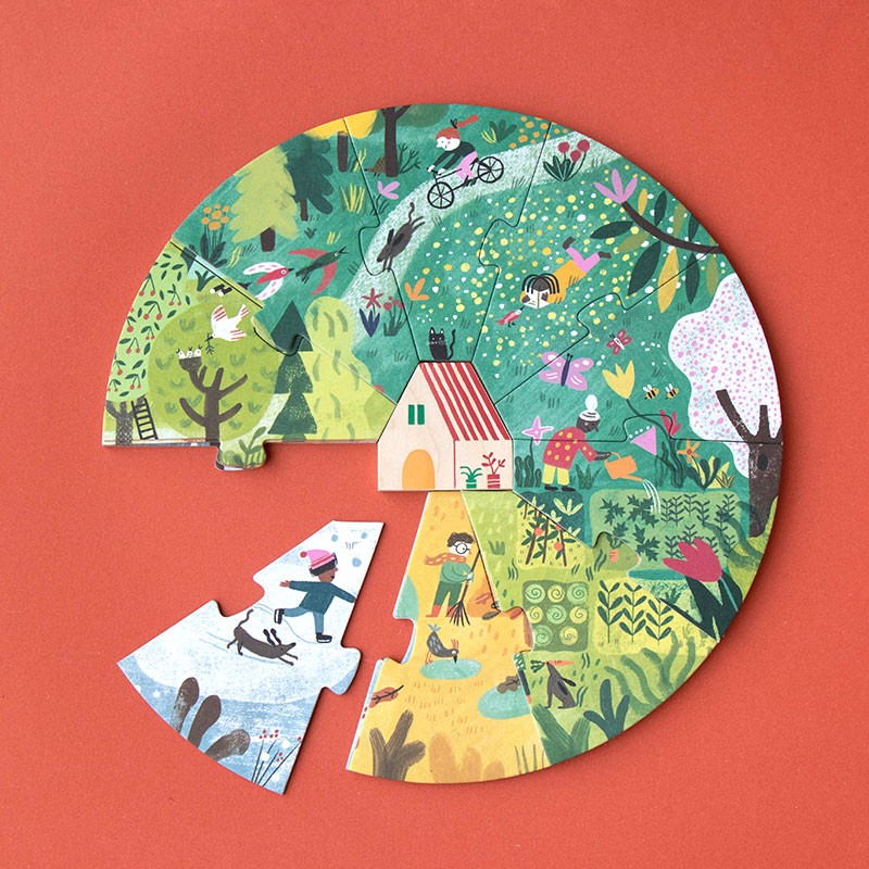 Londji A Home for Nature Puzzle seasonal layered puzzle with 4 x 10 pieces and wooden cabin, eco-friendly and made in Barcelona.