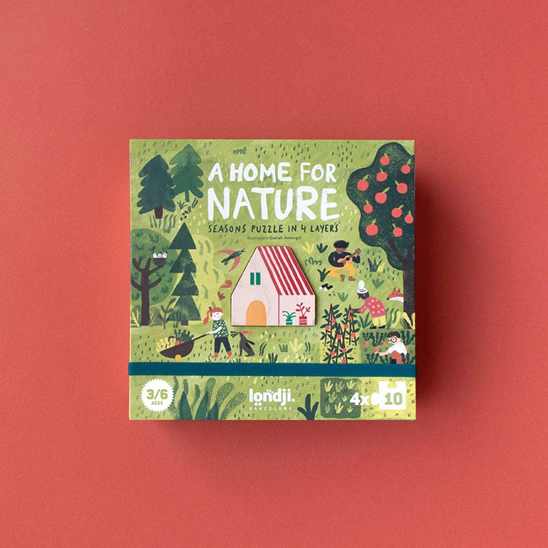 Londji A Home for Nature Puzzle seasonal layered puzzle with 4 x 10 pieces and wooden cabin, eco-friendly and made in Barcelona.