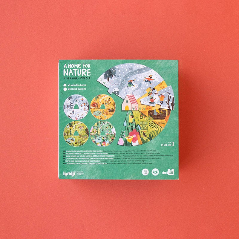 Londji A Home for Nature Puzzle seasonal layered puzzle with 4 x 10 pieces and wooden cabin, eco-friendly and made in Barcelona.