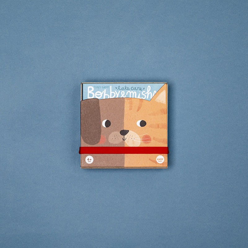 Londji Tiny Game Bobby & Misha memory card game for kids aged 4+, care for your pet game made in Barcelona, illustrated by Txell Darné.