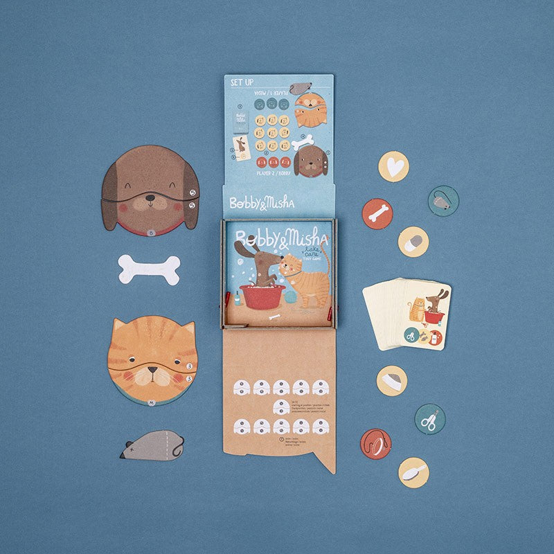 Londji Tiny Game Bobby & Misha memory card game for kids aged 4+, care for your pet game made in Barcelona, illustrated by Txell Darné.