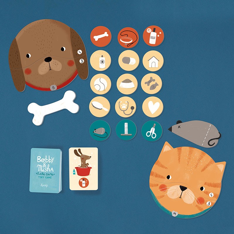 Londji Tiny Game Bobby & Misha memory card game for kids aged 4+, care for your pet game made in Barcelona, illustrated by Txell Darné.