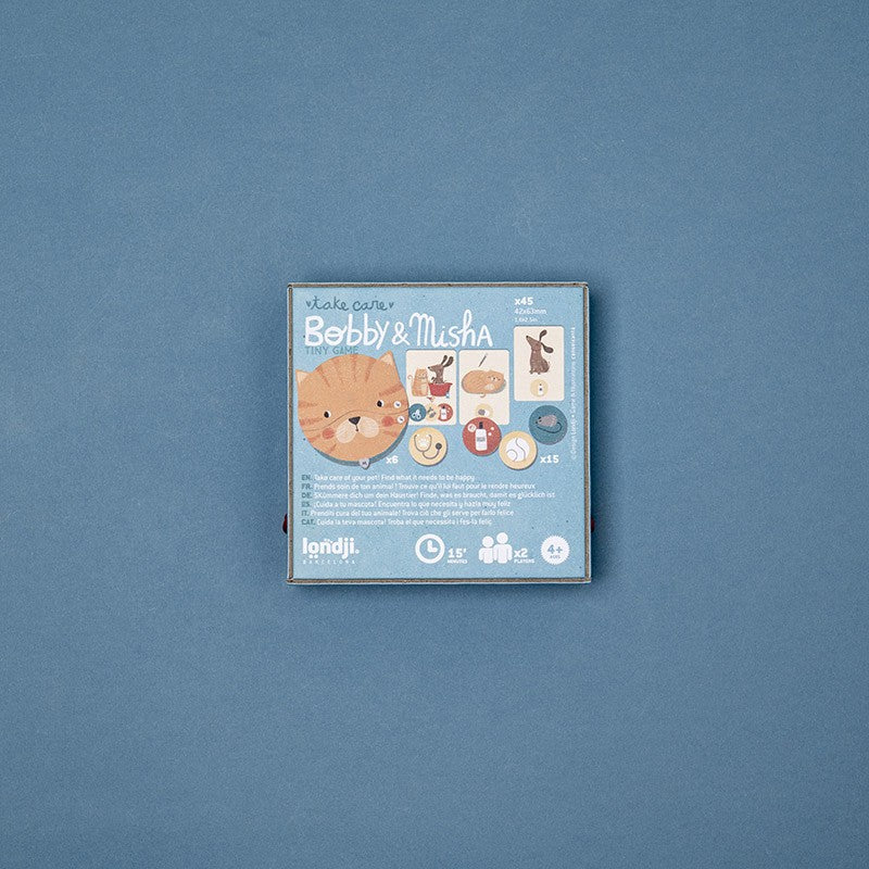 Londji Tiny Game Bobby & Misha memory card game for kids aged 4+, care for your pet game made in Barcelona, illustrated by Txell Darné.