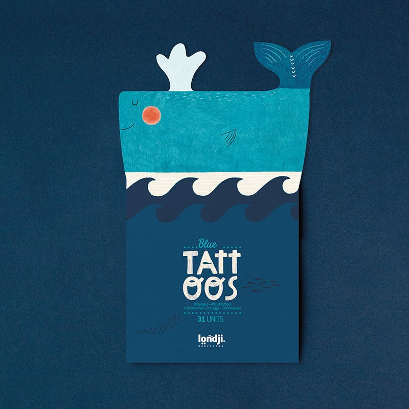 Londji Blue Ocean Tattoos Set – children’s temporary tattoos with whales, dolphins and sea animals, safe and non-toxic, made in Barcelona, illustrated by Txell Darné.