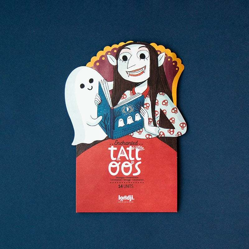 Londji Enchanted Tattoos – spooky temporary tattoos for kids with ghosts, witches and monsters, safe and dermatologically tested, illustrated by Anna Aparicio Català.