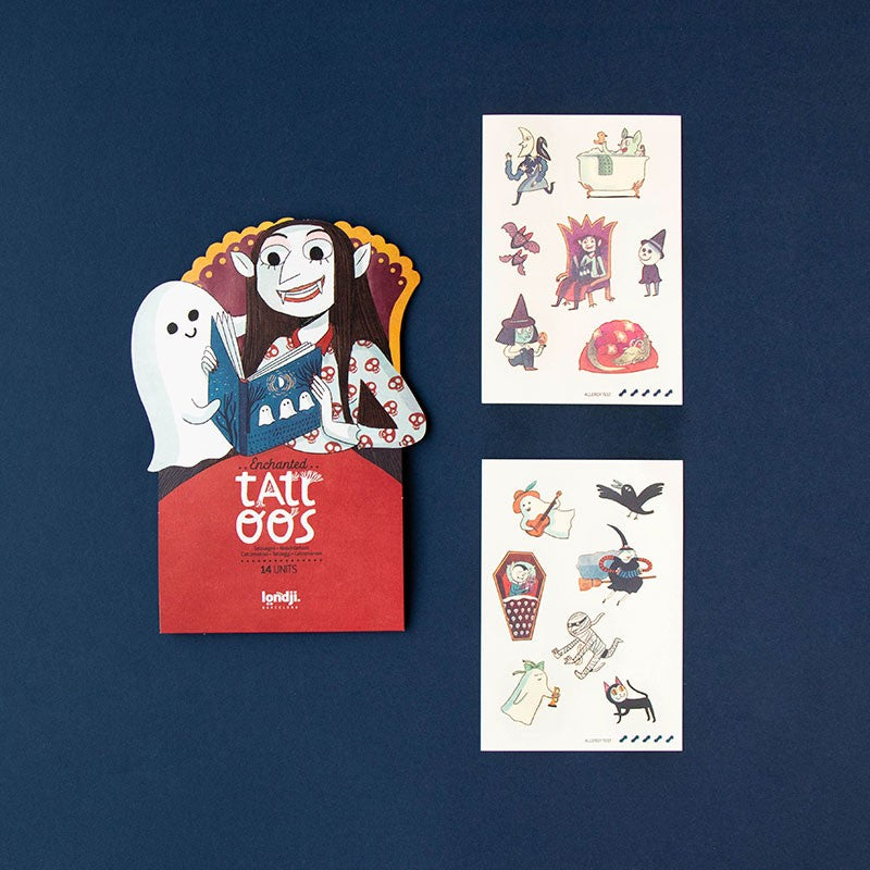 Londji Enchanted Tattoos – spooky temporary tattoos for kids with ghosts, witches and monsters, safe and dermatologically tested, illustrated by Anna Aparicio Català.