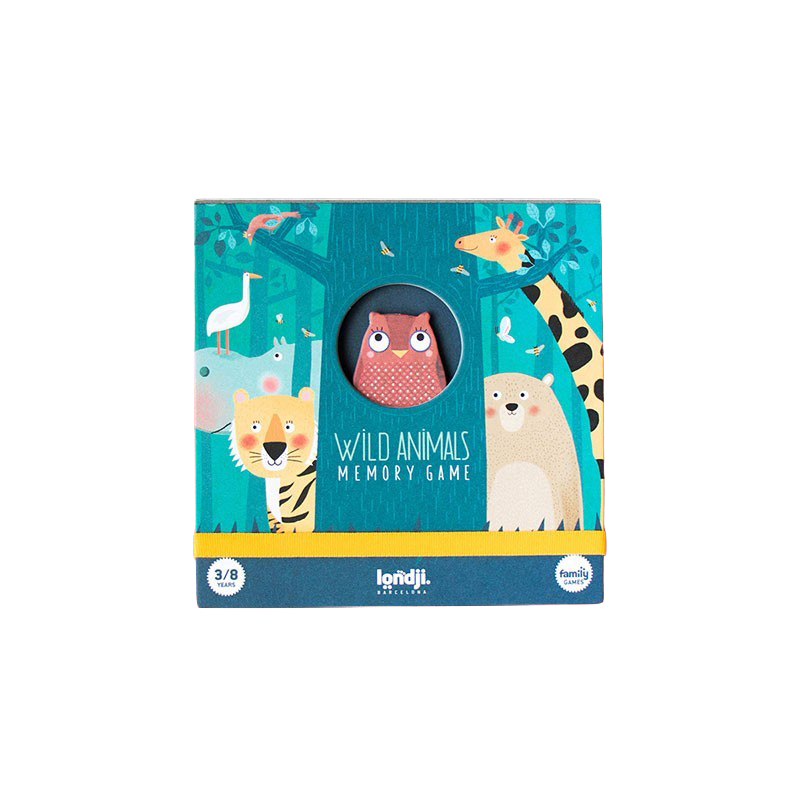 Londji Wild Animals Memory Game featuring 32 illustrated animal cards with tigers, lions, elephants and kangaroos, made in Barcelona.