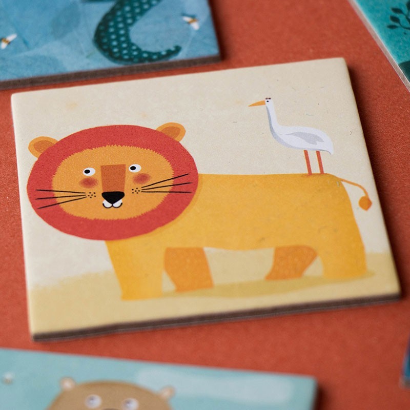 Londji Wild Animals Memory Game featuring 32 illustrated animal cards with tigers, lions, elephants and kangaroos, made in Barcelona.