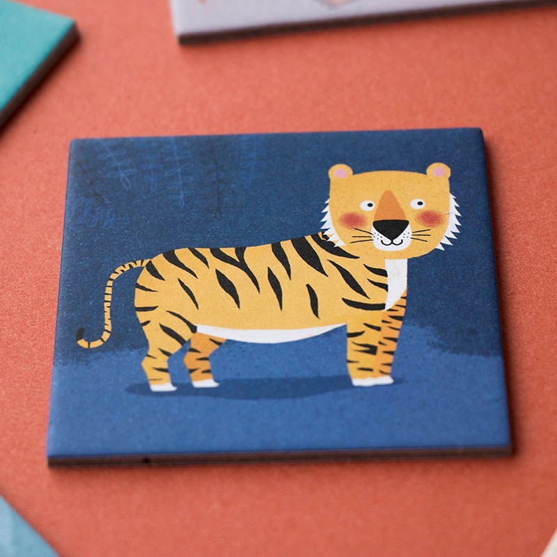 Londji Wild Animals Memory Game featuring 32 illustrated animal cards with tigers, lions, elephants and kangaroos, made in Barcelona.