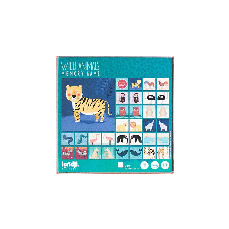 Londji Wild Animals Memory Game featuring 32 illustrated animal cards with tigers, lions, elephants and kangaroos, made in Barcelona.