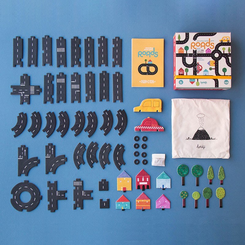 Londji Roads Pocket Game creative wooden road building game for kids with two cars and 11 circuit challenges, made in Barcelona.