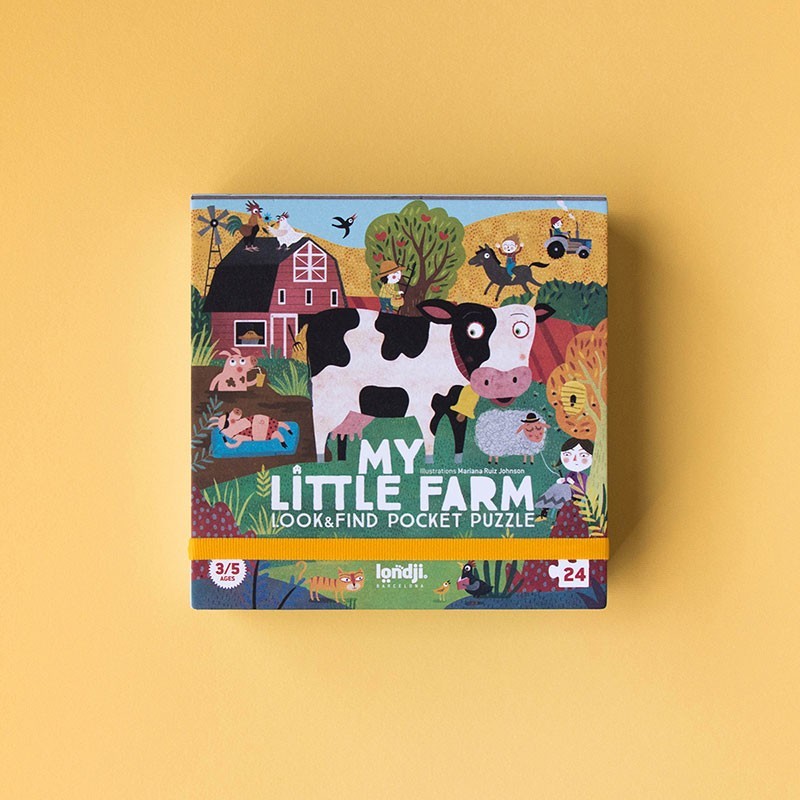 Londji Pocket Puzzle My Little Farm – 24-piece farm animal puzzle for children, made from FSC-certified paper and recycled cardboard, illustrated by Mariana Ruiz Johnson.